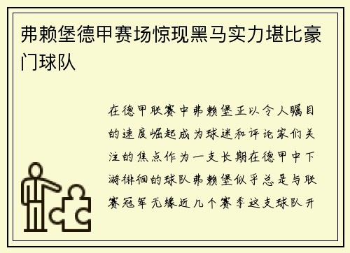 弗赖堡德甲赛场惊现黑马实力堪比豪门球队