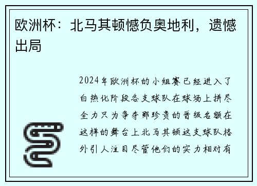 欧洲杯：北马其顿憾负奥地利，遗憾出局