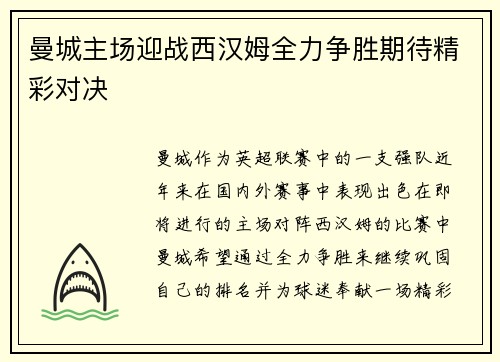 曼城主场迎战西汉姆全力争胜期待精彩对决
