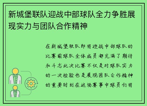 新城堡联队迎战中部球队全力争胜展现实力与团队合作精神