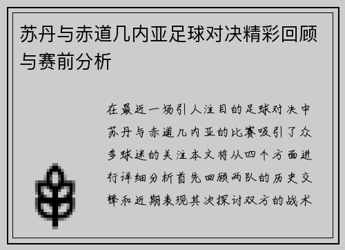 苏丹与赤道几内亚足球对决精彩回顾与赛前分析