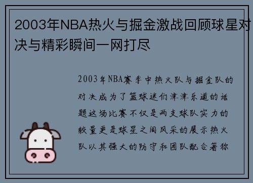2003年NBA热火与掘金激战回顾球星对决与精彩瞬间一网打尽