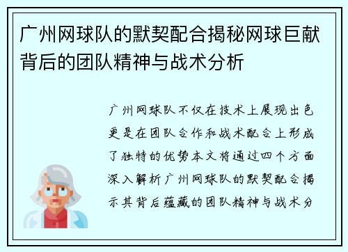 广州网球队的默契配合揭秘网球巨献背后的团队精神与战术分析