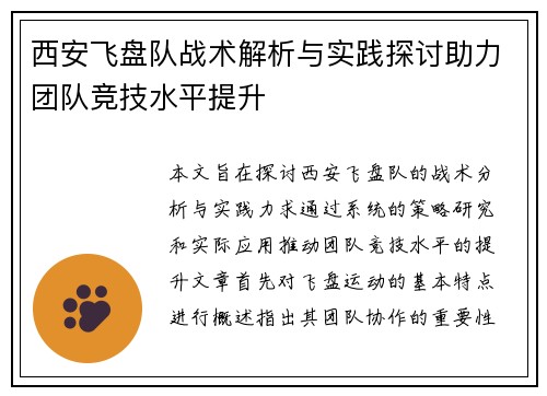 西安飞盘队战术解析与实践探讨助力团队竞技水平提升
