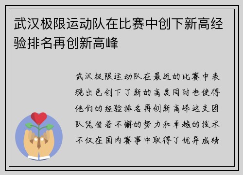 武汉极限运动队在比赛中创下新高经验排名再创新高峰