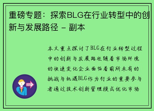 重磅专题：探索BLG在行业转型中的创新与发展路径 - 副本
