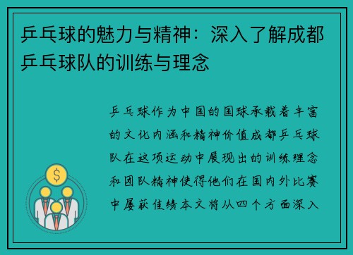 乒乓球的魅力与精神：深入了解成都乒乓球队的训练与理念